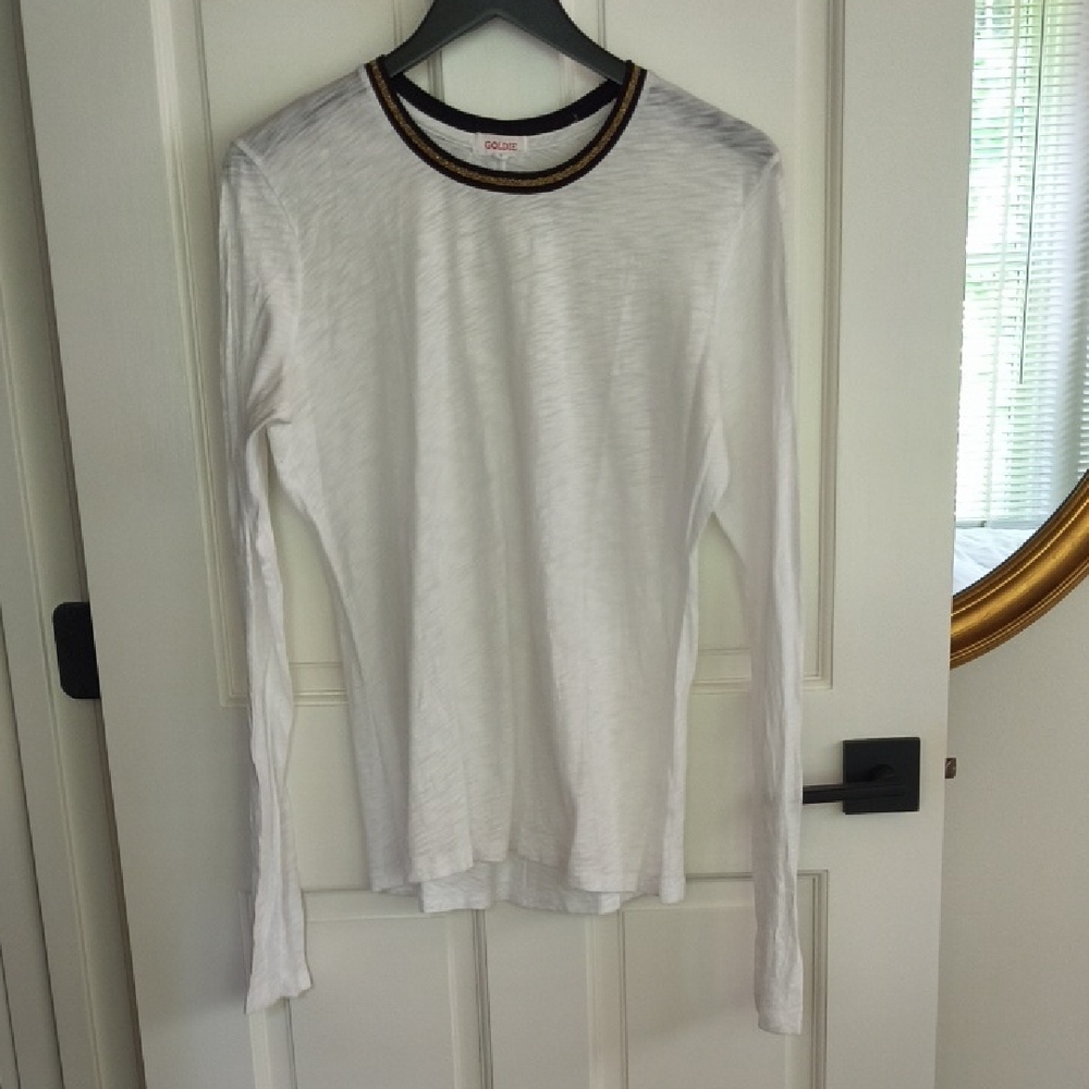 Goldie White Long Sleeve Tee with Black and Gold Trim, Size Large
